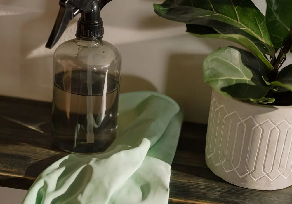 A cleaner wiping a bathroom counter